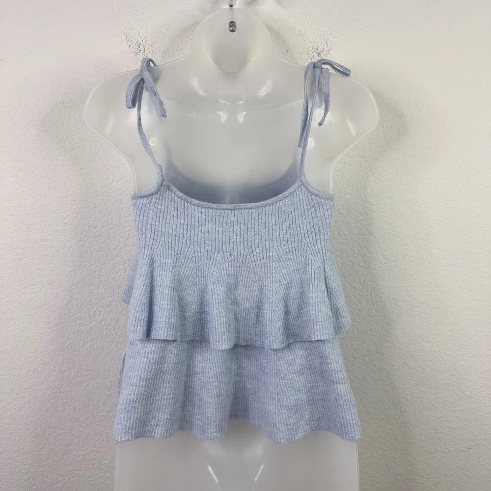 J.Crew Tank Top Sweater Women S Blue Merino Wool Ribbed Tiered Ruffle Minimalist